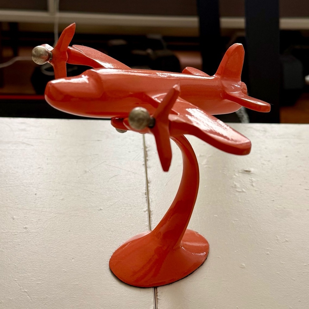 Retro Orange Twin Propeller Airplane Desktop Sculpture MCM Aviation Vintage 50s
